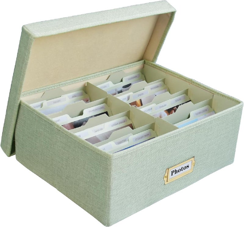 Sprsthai Linen Photo Storage Box – Holds 1700 Photos, 24 Adjustable Dividers & 72 Labels Multi-Use Organizer for Photos, Envelopes, Recipes Beige - Image 1